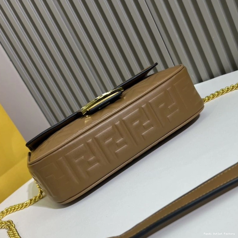 Affordable HOT FF Nappa Brown In Motif Fendi Leather Midi Chain Baguette Bag 0801